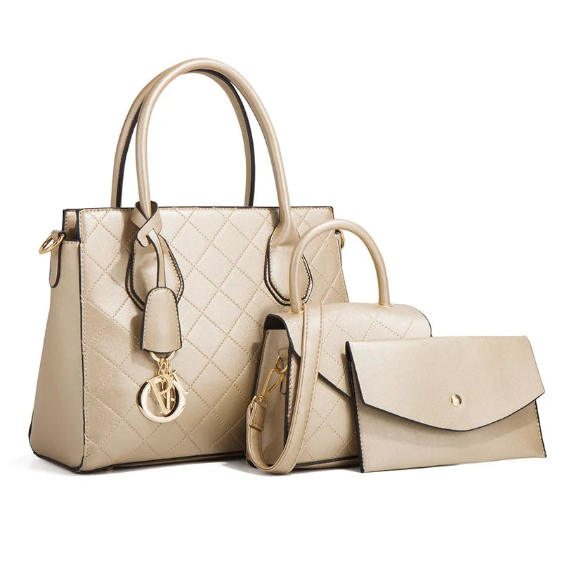 Quilted Handbag Set – 3-Piece Retro Tote, Crossbody & Shoulder Bag