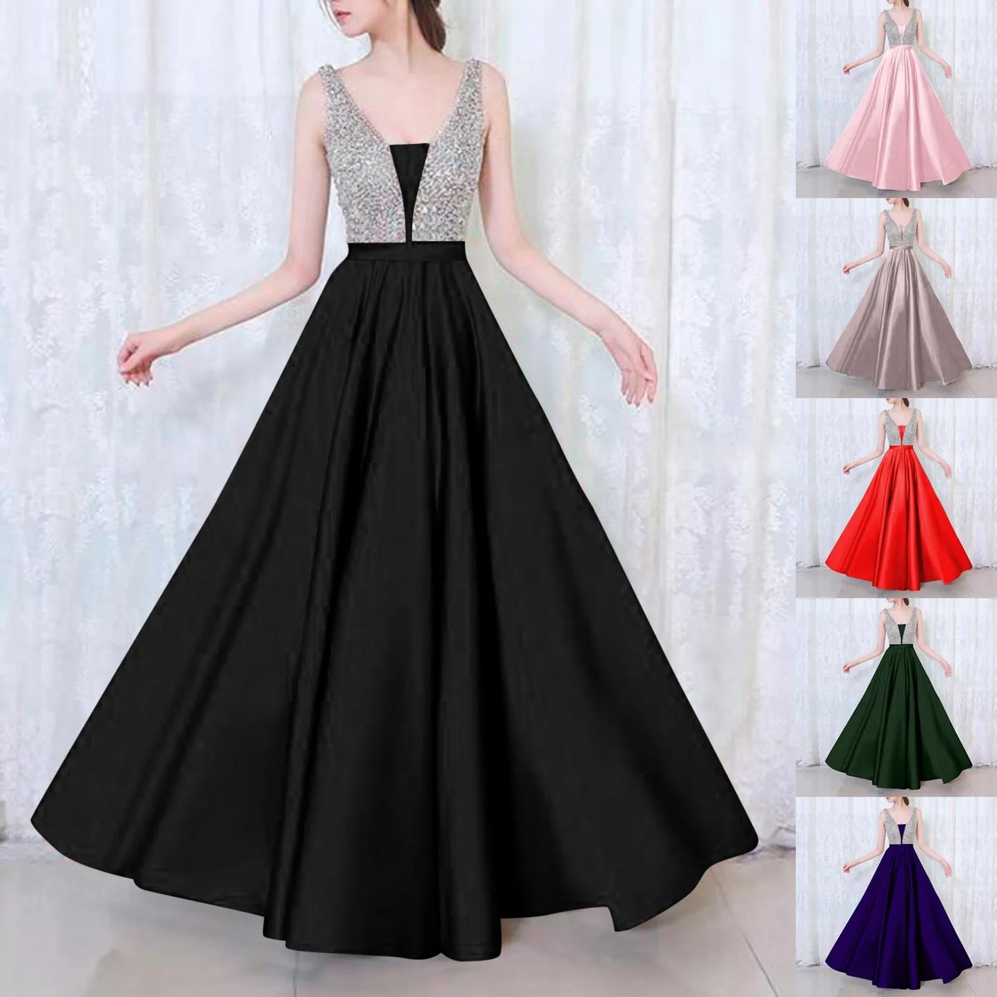 Elegant V-Neck Satin Evening Dress – 2024 Sleeveless Prom Gown