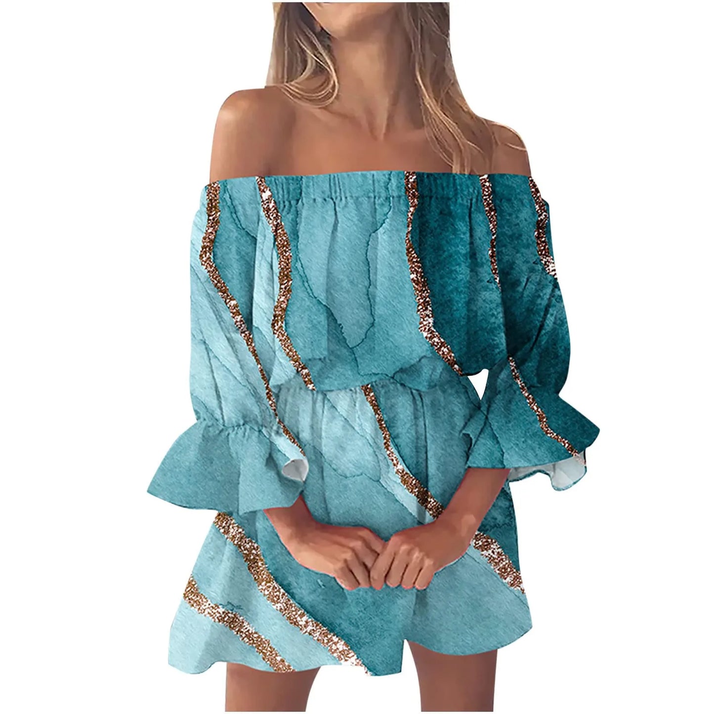 Women’s Gradient Off-Shoulder Boho Sundress – Summer Slash Neck with Ruffles