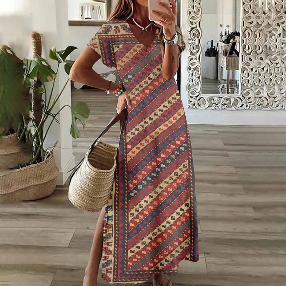 Women’s V-Neck Bohemian Dress – Short Sleeve Summer Skirt with Slit