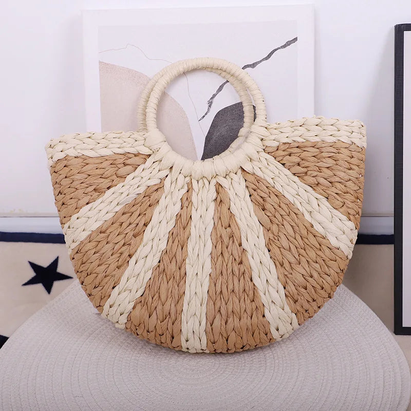 Boho Straw Tote - Half-Moon Woven Bag