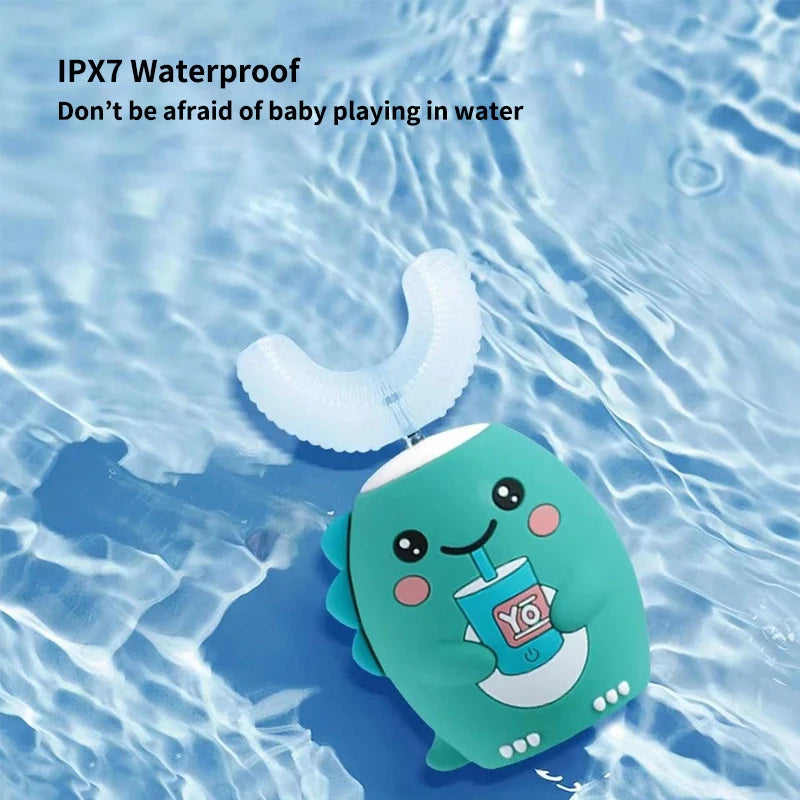 Smart Electric U-Shaped Toothbrush for Kids – 360° Silicone, Cartoon Design, IPX7 Waterproof