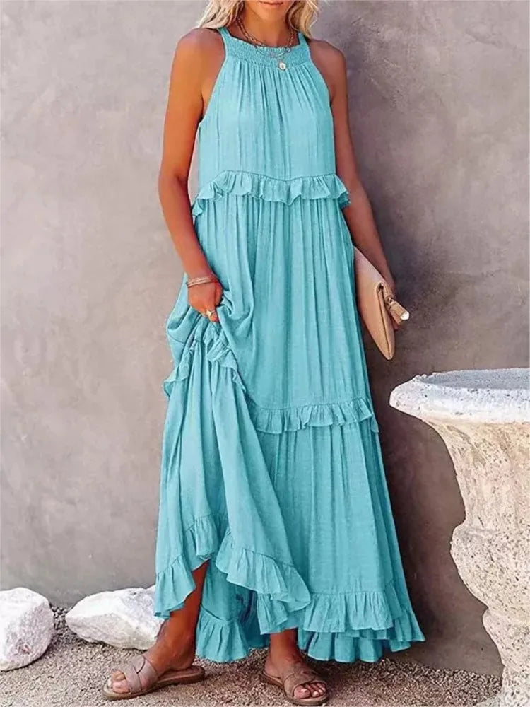Women’s Spring/Summer Ruffle Edge Beach Skirt – Casual Solid Color Swing Maxi Skirt