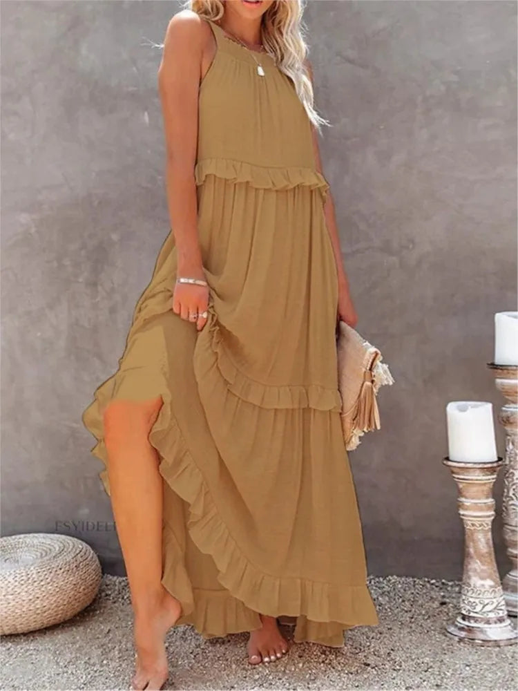 Women’s Spring/Summer Ruffle Edge Beach Skirt – Casual Solid Color Swing Maxi Skirt