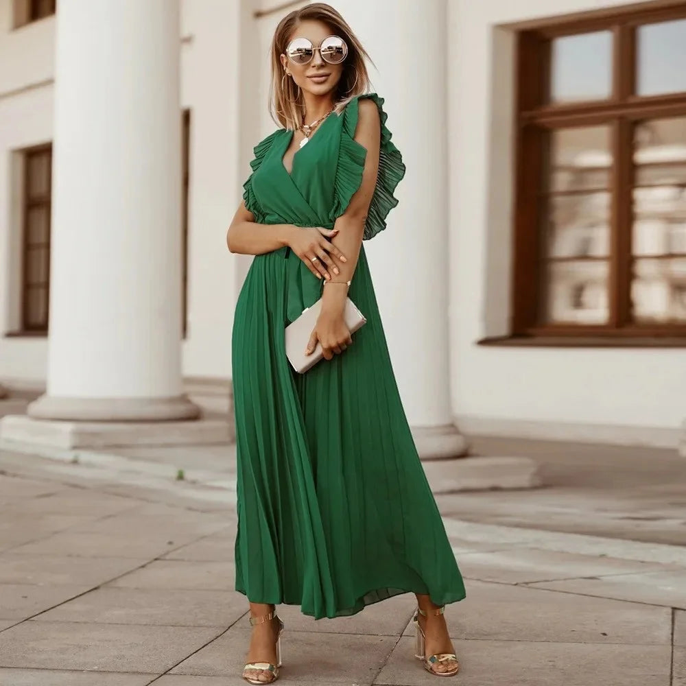 Elegant Long Beach Dress – Slimming Chiffon with Leaflet Sleeves, Solid Color for Women