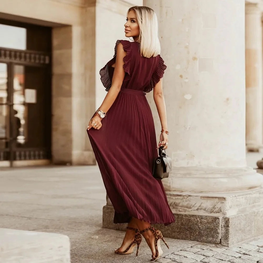 Elegant Long Beach Dress – Slimming Chiffon with Leaflet Sleeves, Solid Color for Women
