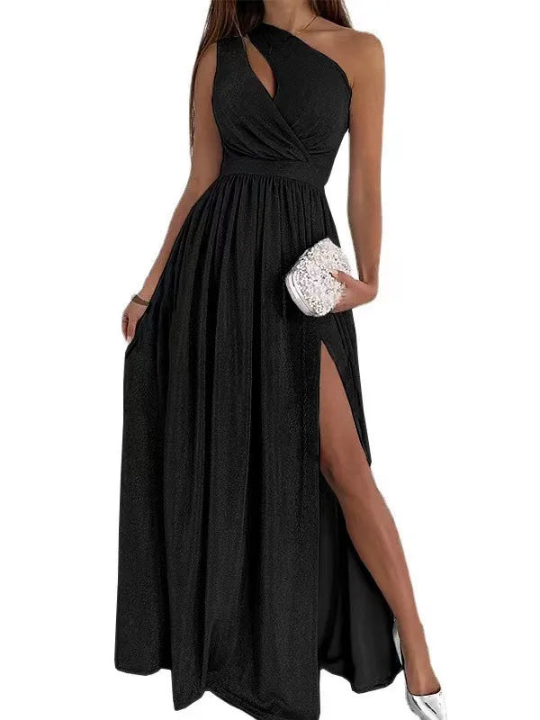 Women’s Elegant One-Shoulder A-Line Dress – Red High Slit Prom & Evening Maxi Dress