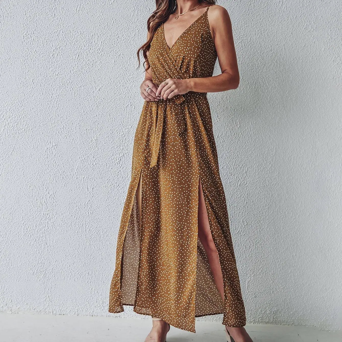 Women’s Summer Floral Print Midi Dress – Backless Lace-Up, Slit Beach Sundress