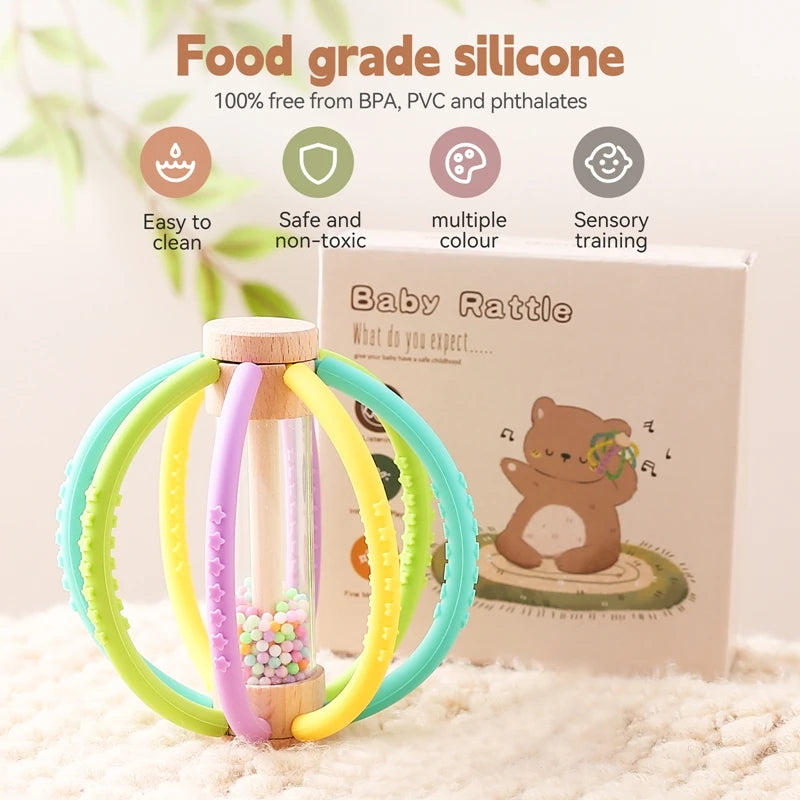 Wooden Baby Rattle & Rain Drum Sensory Teether Toy