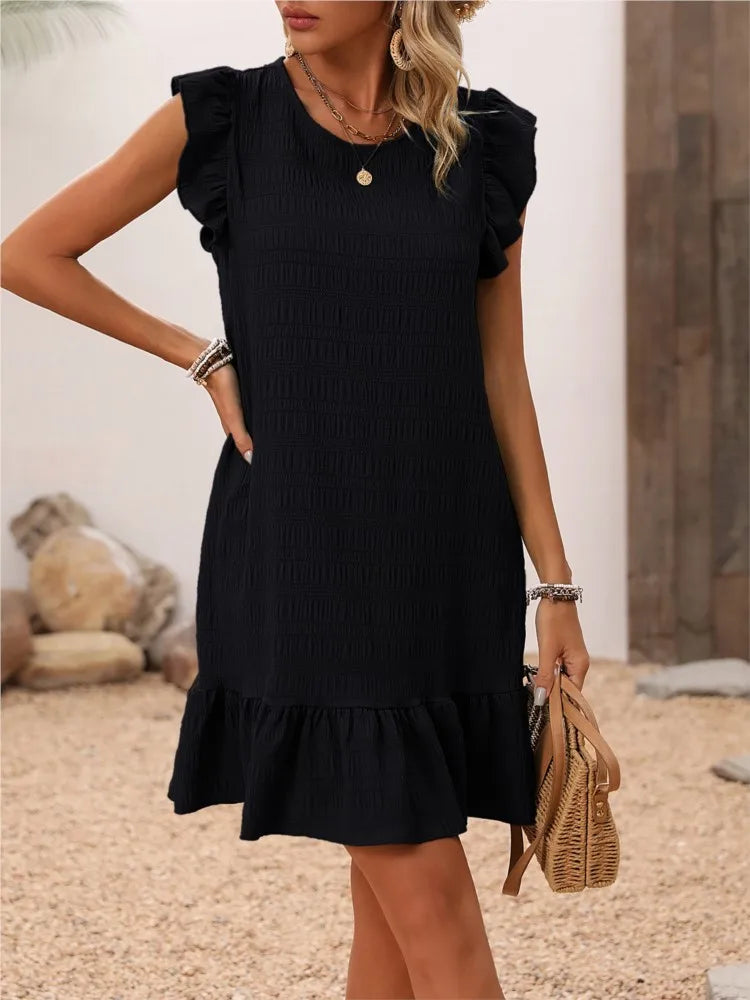 Women’s Summer O-Neck Pleated Sundress – Ruffle Sleeve Sweetheart Mini Dress in Green