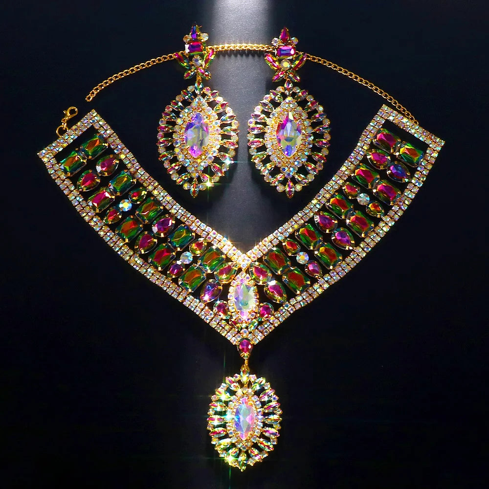 AB Color Rhinestone Jewelry Set – Statement Necklace & Earrings for Women