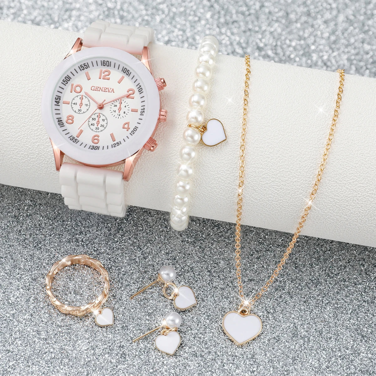 6-Piece Women's Watch Set – Silicone Band Quartz Watch with Heart & Pearl Jewelry (No Box)