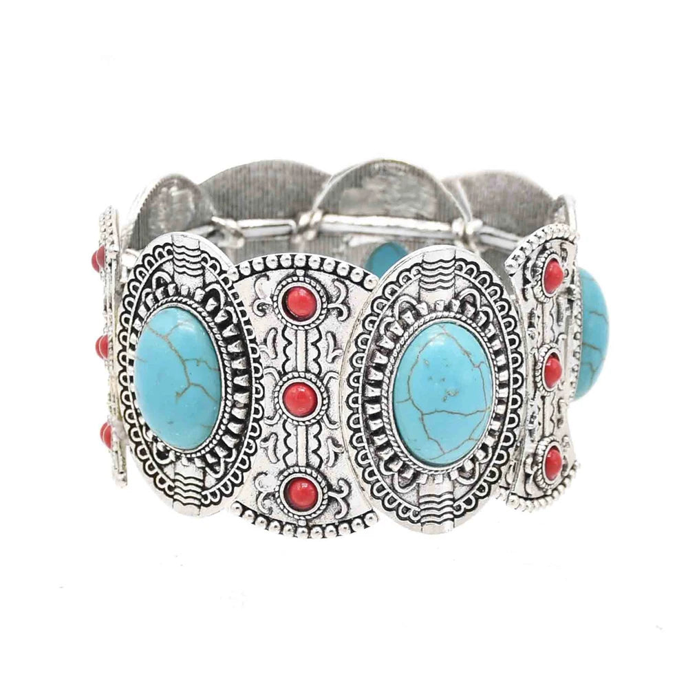 Gypsy Tribal Tibetan Bracelet – Boho Vintage Turquoise Elastic Bangle for Women