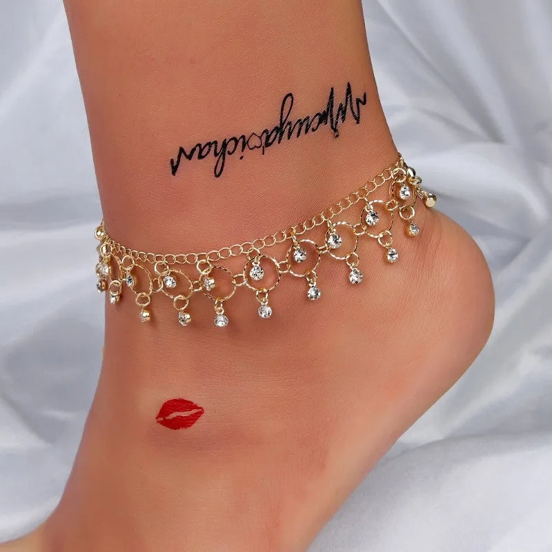 Exquisite Rhinestone Beach Anklet – Gold & Silver Foot Chain for Women