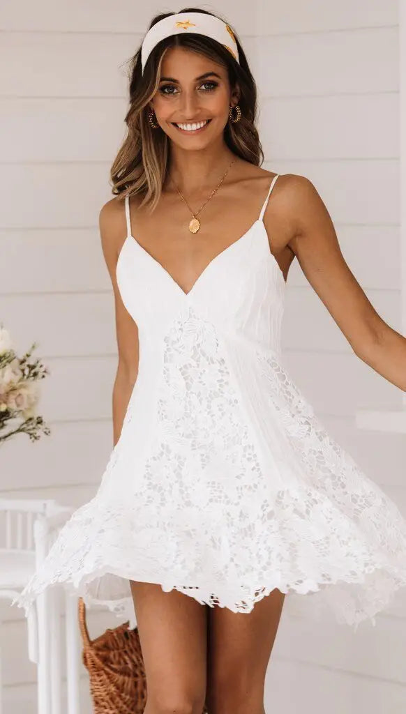 Women's White Lace Spaghetti Strap Mini Dress – Backless V-Neck Summer 2023