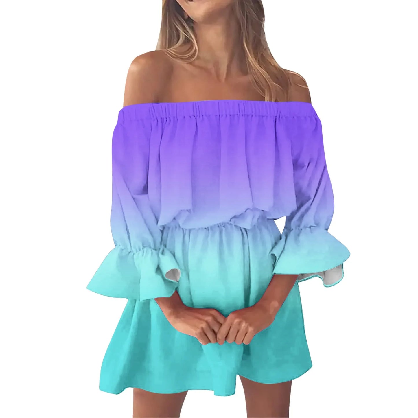 Women’s Gradient Off-Shoulder Boho Sundress – Summer Slash Neck with Ruffles
