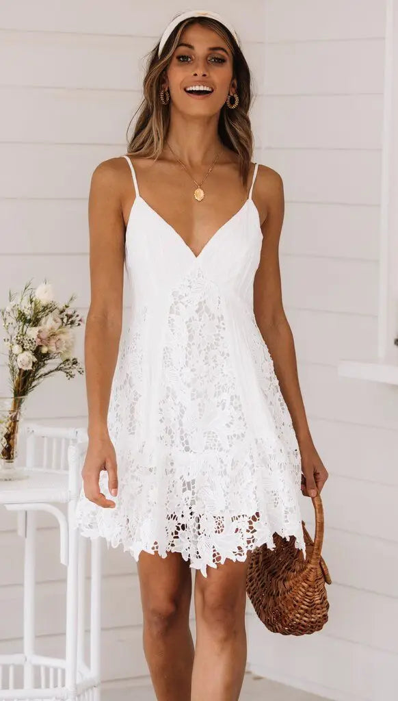 Women's White Lace Spaghetti Strap Mini Dress – Backless V-Neck Summer 2023
