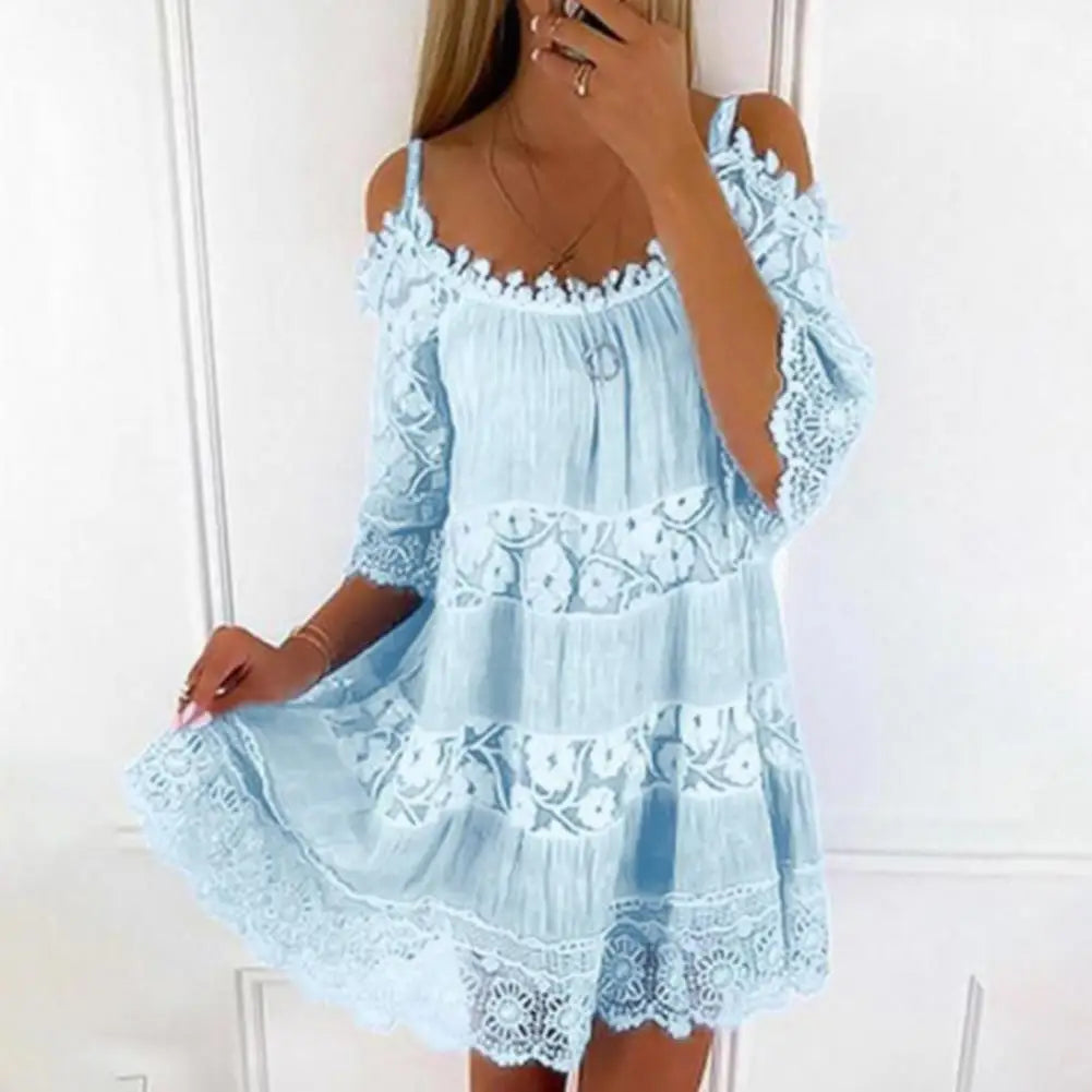 Women's Cold Shoulder Crochet Lace Mini Dress – Summer Beach Style
