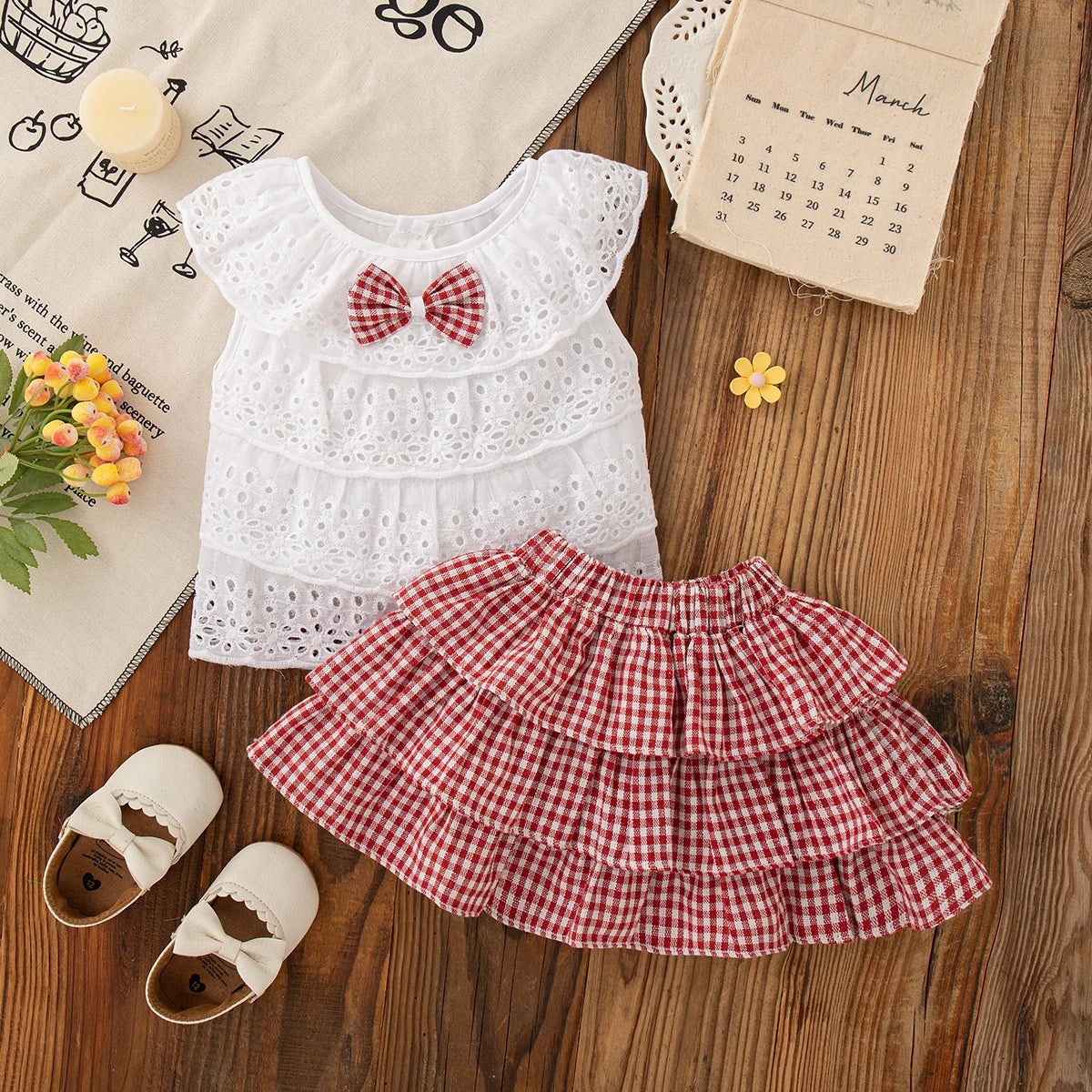 White Hollow Out Sleeveless Top+Plaid Skirt For Baby And Girl, Two-Piece Set,Summer New Children'S Clothing (9 Months -3 Years)