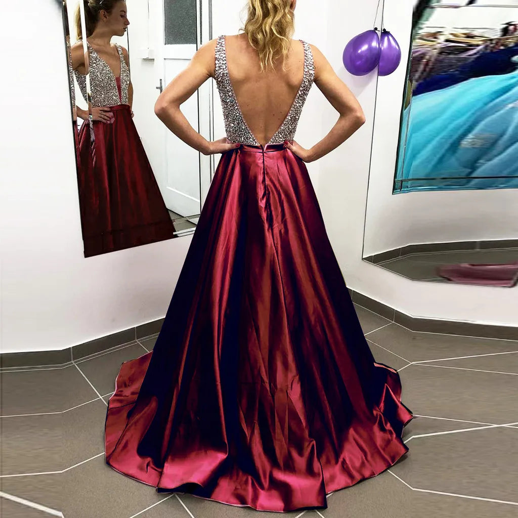 V-Neck Sequin Formal Gown – Sleeveless High-Waist Prom & Party Dress