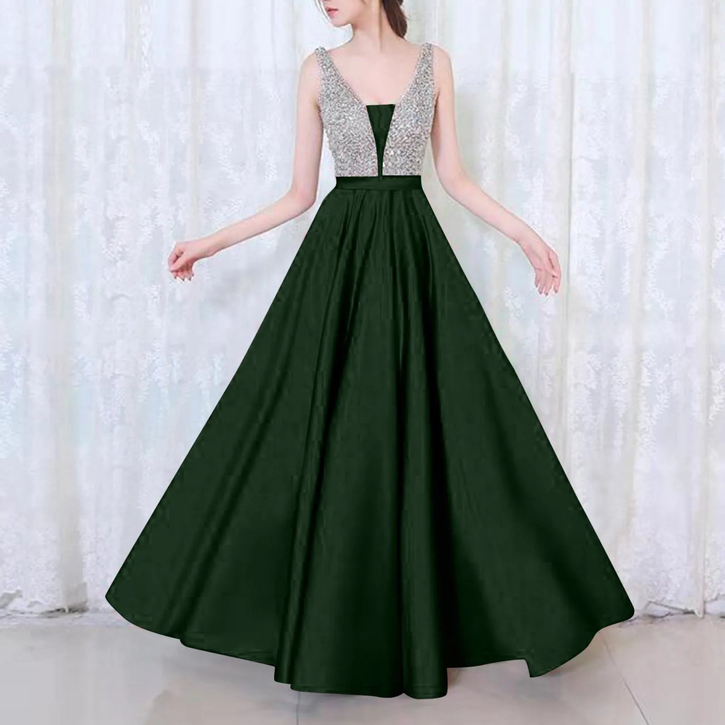 Sequin V-Neck Evening Dress – Elegant Sleeveless Sparkly Prom Gown