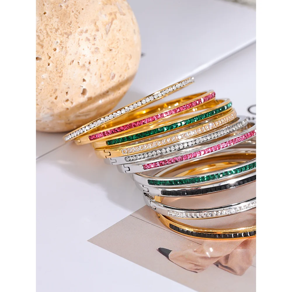 Yhpup CZ Bangle – Round & Square Luxury Stainless Steel Bracelet