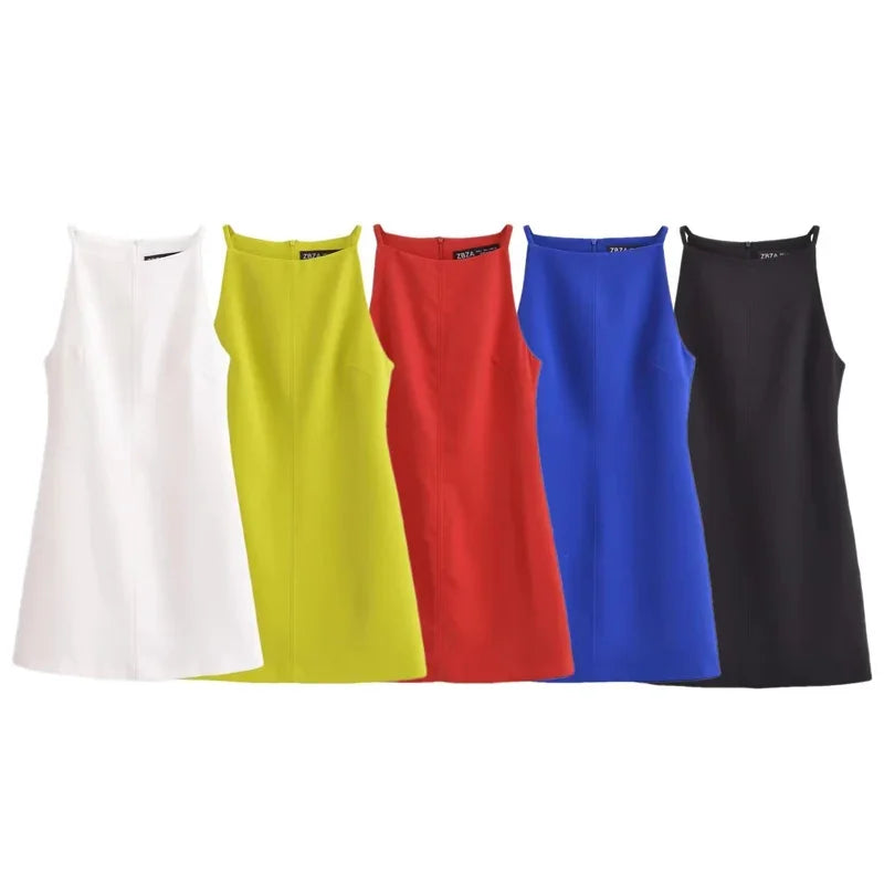 BWQ Fashion Summer Bodycon Dress – Sleeveless Mini Dress in White, Red, Blue, Black, Yellow