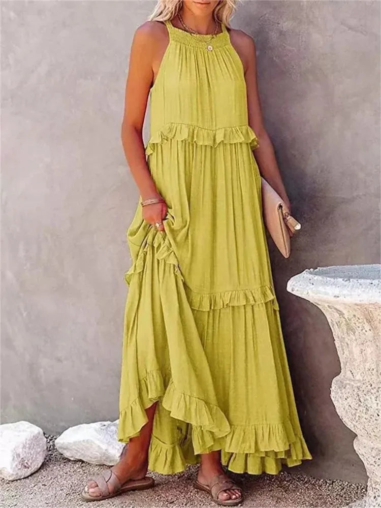 Women’s Spring/Summer Ruffle Edge Beach Skirt – Casual Solid Color Swing Maxi Skirt