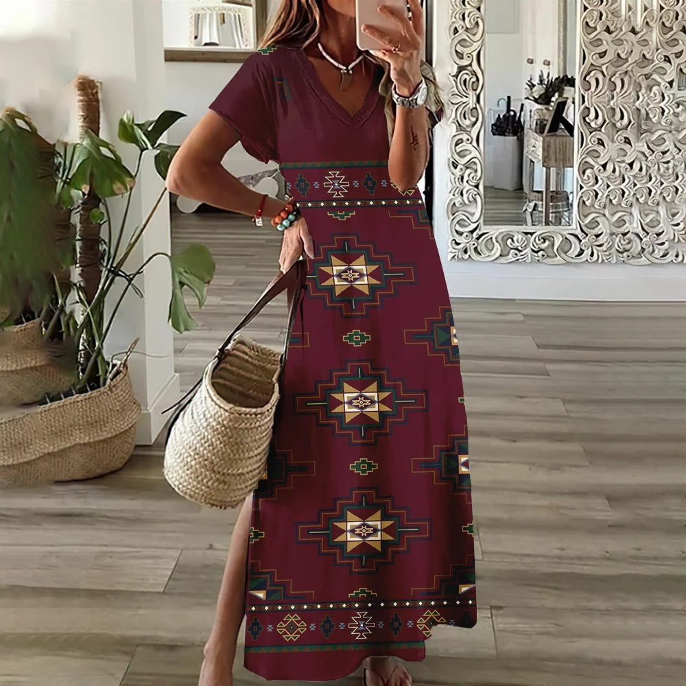 Women’s V-Neck Bohemian Dress – Short Sleeve Summer Skirt with Slit