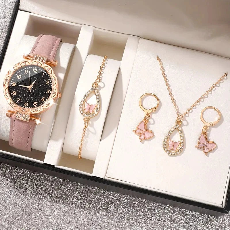 5-Piece Luxury Women's Watch Set – Rhinestone Quartz Wristwatches for Girls & Ladies