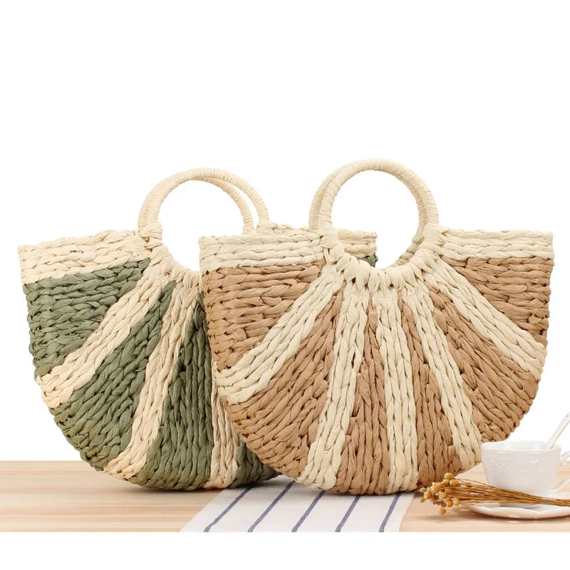 Boho Straw Tote - Half-Moon Woven Bag