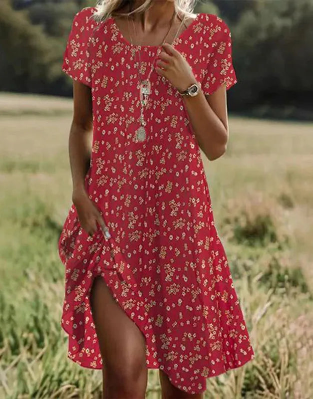 Boho Floral Print Dress – Casual Summer Pullover with Short Sleeves & O-Neck
