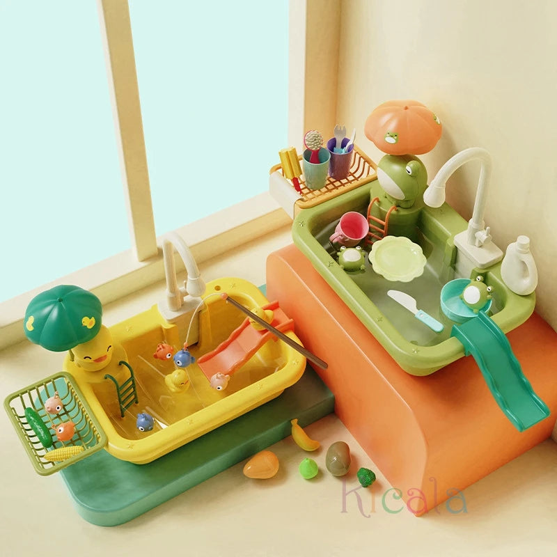 Kids Electric Kitchen Sink Toy with Running Water & Pretend Play Accessories
