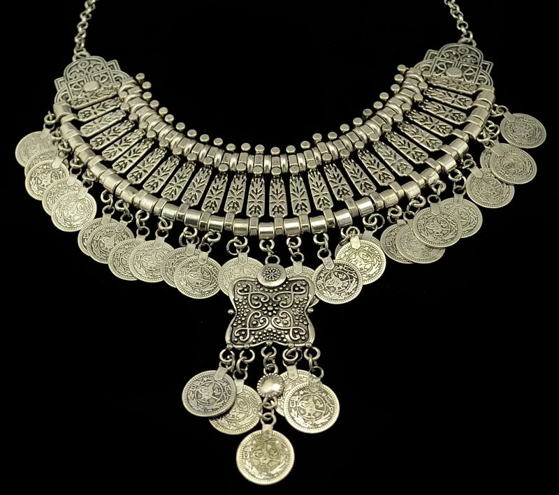 Afghan Boho Tassel Coin Necklace & Earrings Set – Ethnic Statement Jewelry