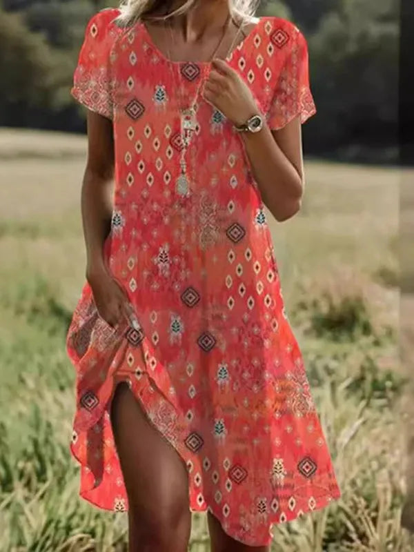 Boho Floral Print Dress – Casual Summer Pullover with Short Sleeves & O-Neck