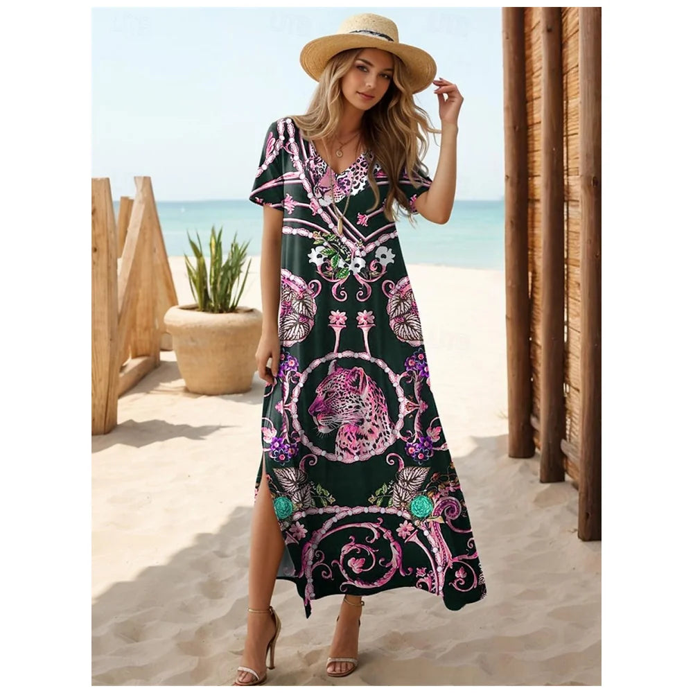 Women’s V-Neck Bohemian Dress – Short Sleeve Summer Skirt with Slit