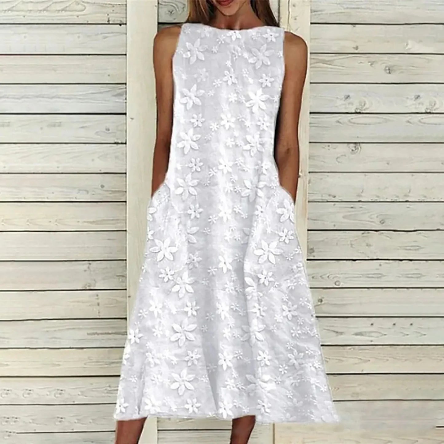 Women's White Lace Crochet Sleeveless Beach Dress – Boho Summer Style