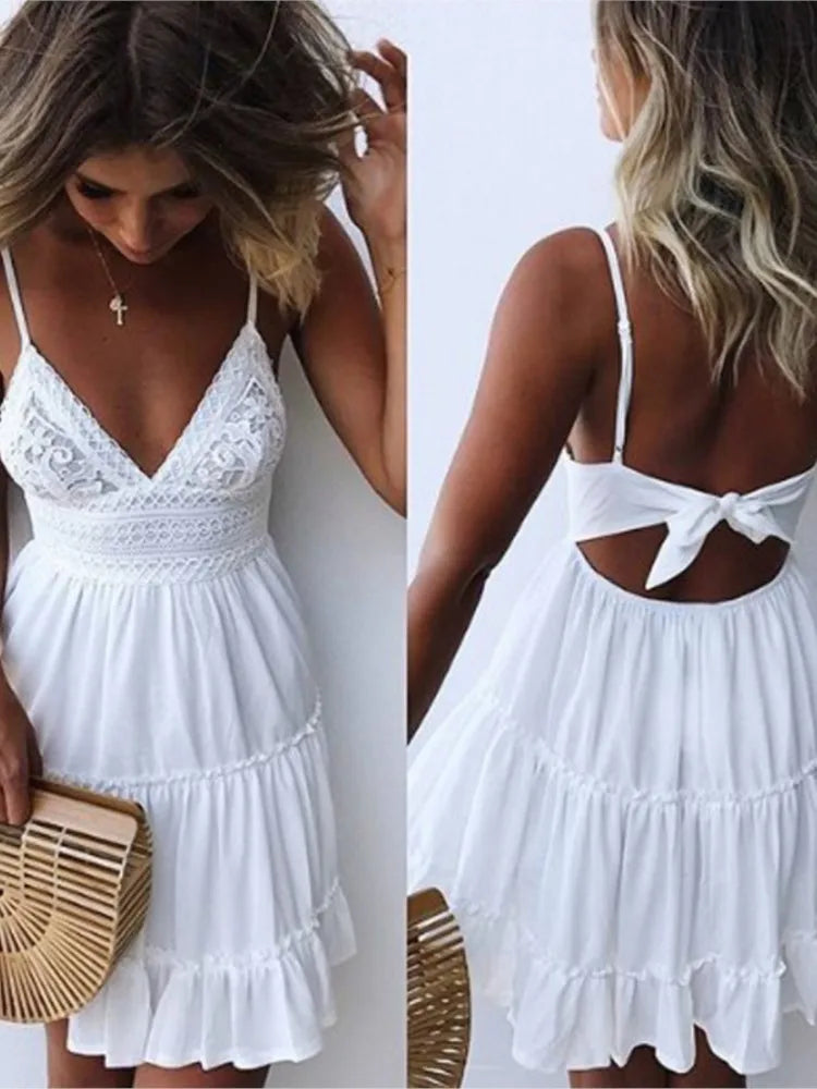 Women’s Summer Sexy White Spaghetti Strap Mini Dress – Casual Beach Party