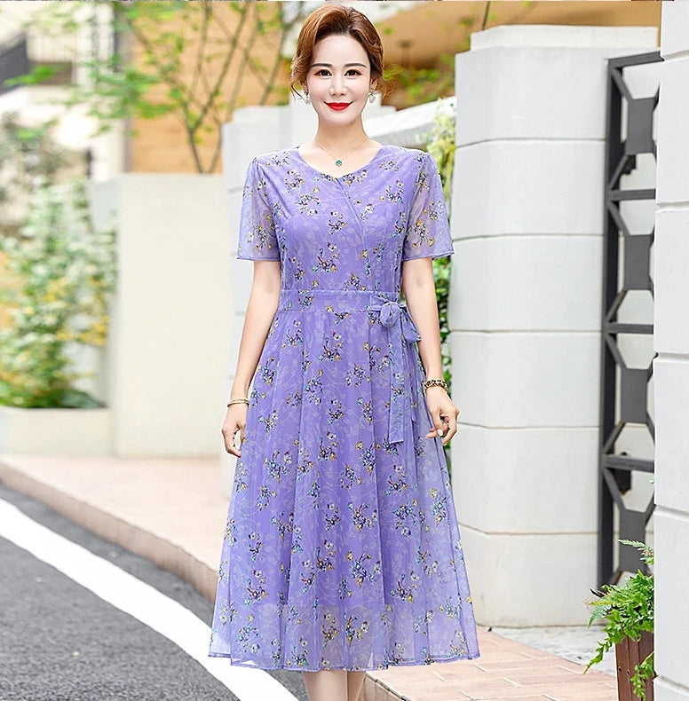 Summer Floral Print Chiffon Dress – Short Sleeve A-Line Beach Dress for Women