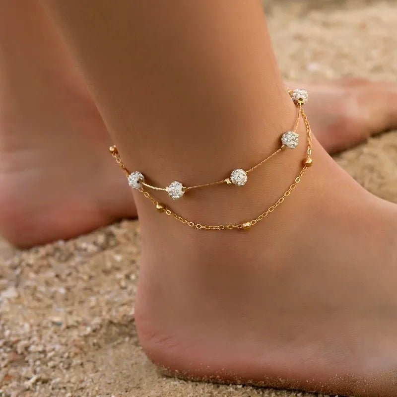 Exquisite Rhinestone Beach Anklet – Gold & Silver Foot Chain for Women