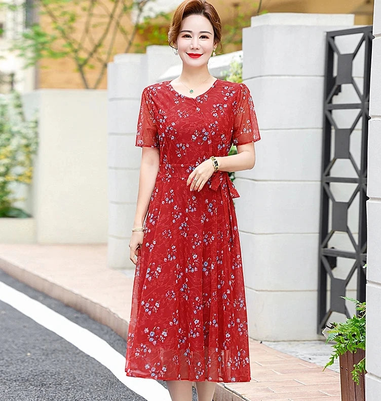 Summer Floral Print Chiffon Dress – Short Sleeve A-Line Beach Dress for Women