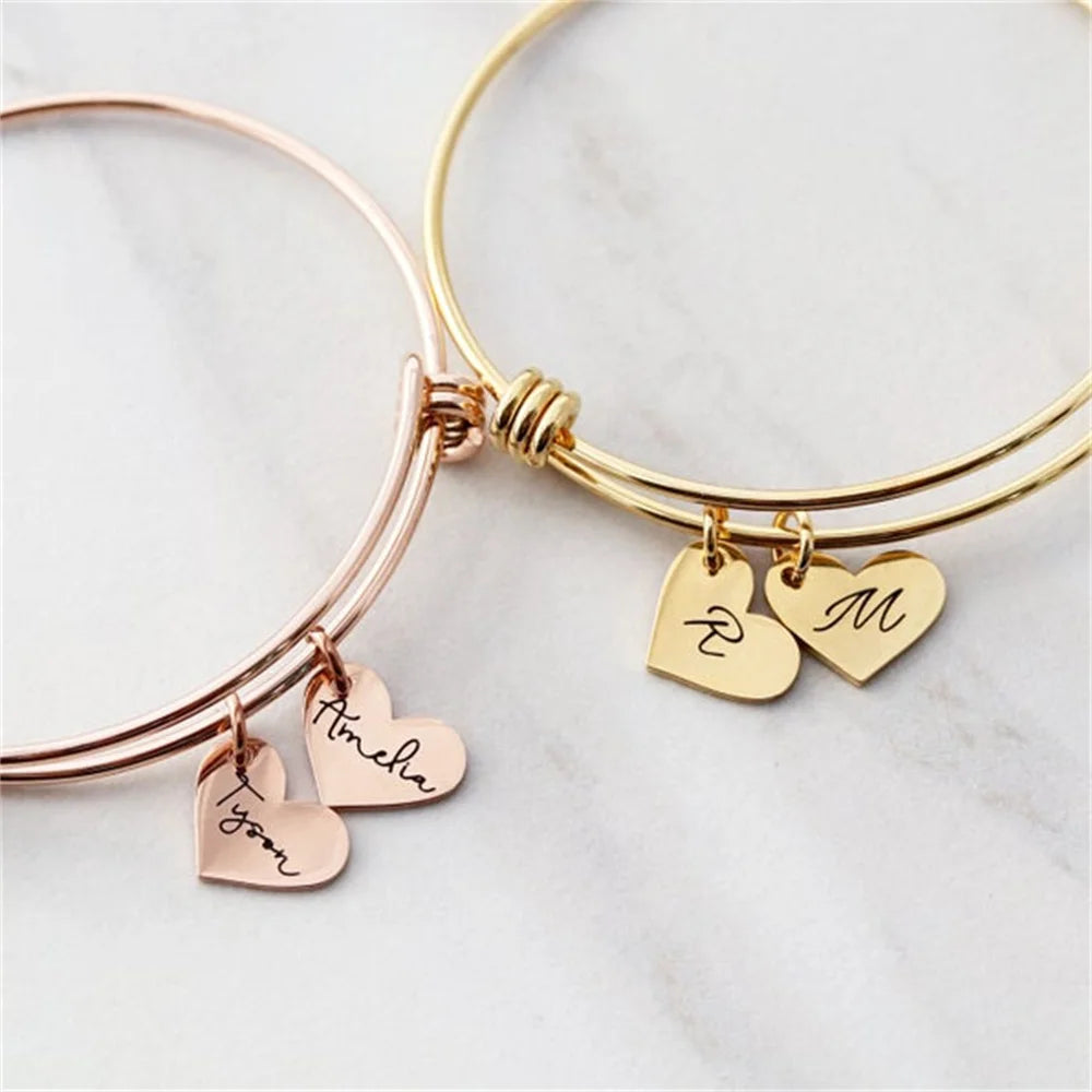 Custom Engraved Name Bangle – Adjustable Heart Pendant Bracelet for Women