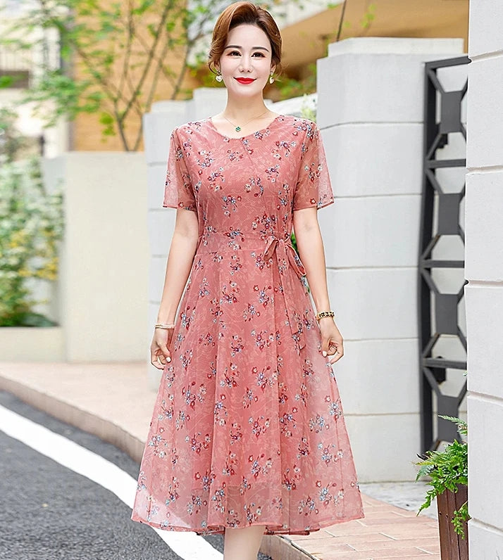 Summer Floral Print Chiffon Dress – Short Sleeve A-Line Beach Dress for Women