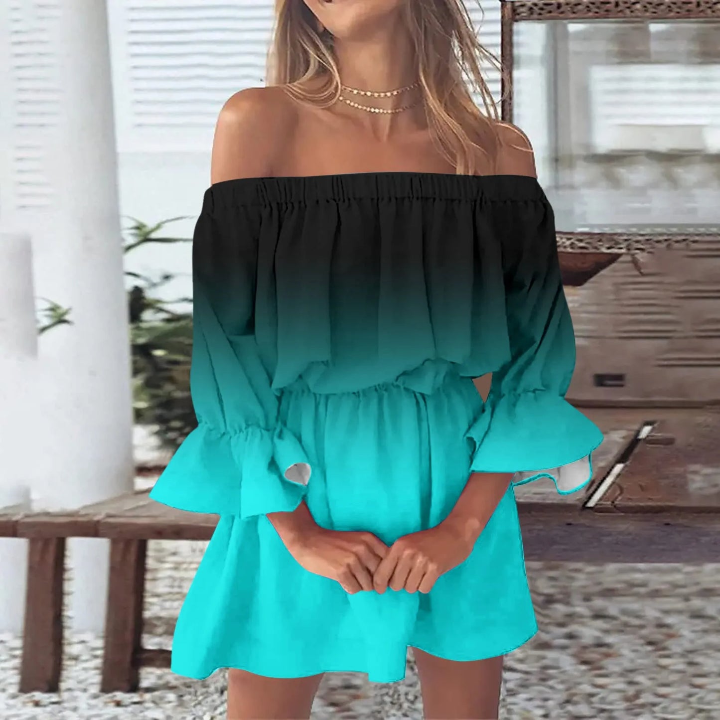 Women’s Gradient Off-Shoulder Boho Sundress – Summer Slash Neck with Ruffles
