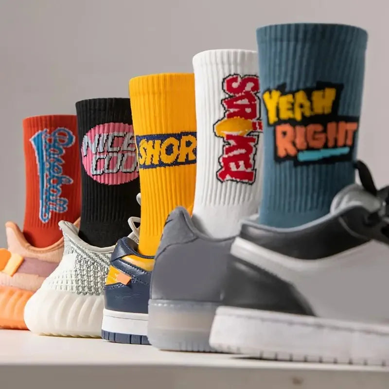 5 Pairs Unisex Letter Print Cotton Socks – Breathable Street Style for Couples