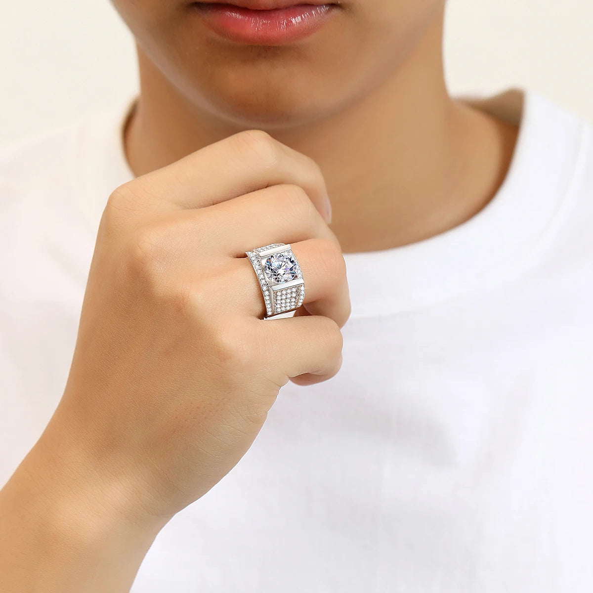 Men's 4CT Moissanite Ring – Real Silver 10mm Hip Hop Wedding Jewelry with Certificate