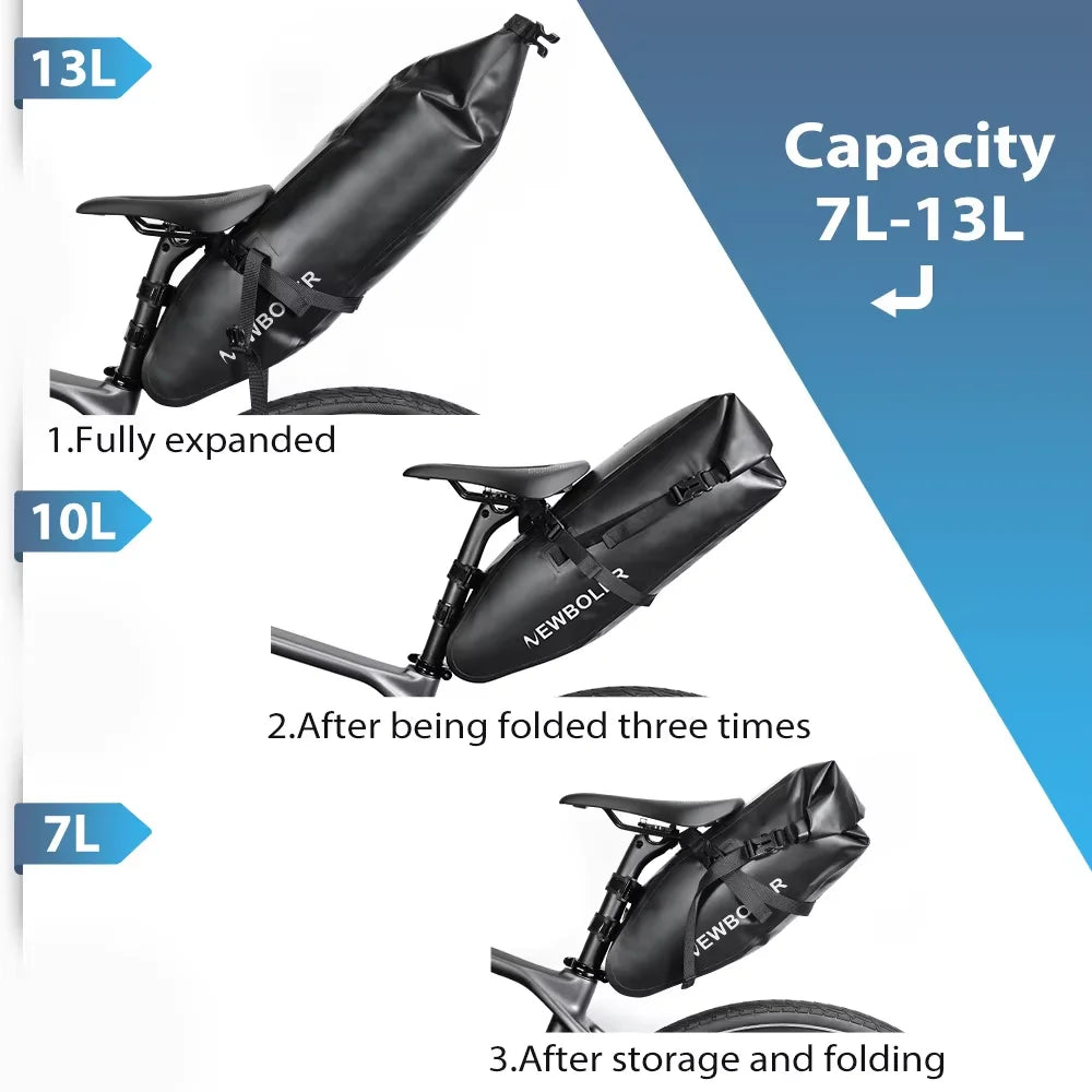 NEWBOLER Waterproof 13L Bike Saddle Bag – Large Capacity Tail Rear Bag for MTB & Road
