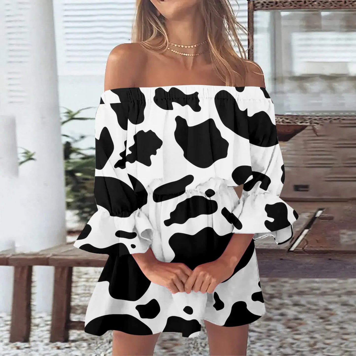 Women’s Gradient Off-Shoulder Boho Sundress – Summer Slash Neck with Ruffles