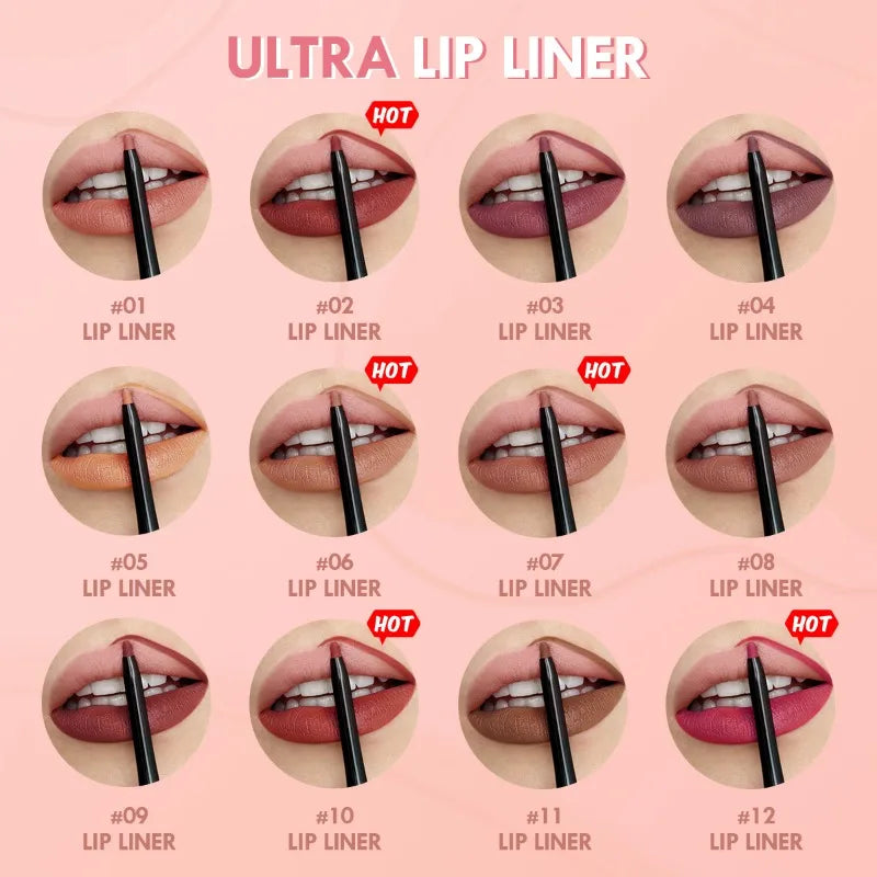 Waterproof Matte Lipliner Pencil - Long Lasting & Moisturising Lipstick (12 Shades)