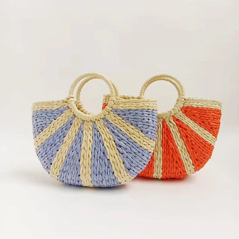 Boho Straw Tote - Half-Moon Woven Bag